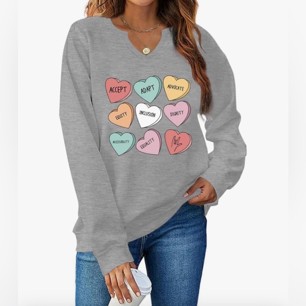 Woman’s Cozy Notched Neckline Gray Sweatshirt - Candy Heart Messages Medium NWT